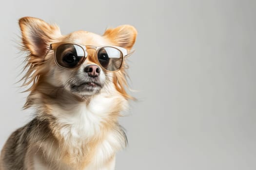 Studio shot of a serious chihuahua dog win glasses isolated on white background with copy space.