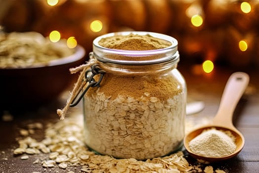 A jar of oatmeal is on a table with a spoon and a pile of oatmeal. The jar is half full and the oatmeal is scattered around it