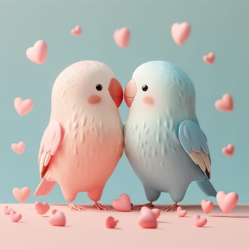 Two birds are kissing each other with hearts surrounding them. The birds are pink and blue. The hearts are scattered around the birds, creating a romantic and cute atmosphere