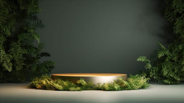 A large, round stage with a green backdrop and a small podium in the center. The stage is surrounded by lush green foliage, giving it a natural and organic feel