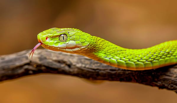 Close-up of a green snake slithering through the branches. Year of the snake. Fauna, reptiles.