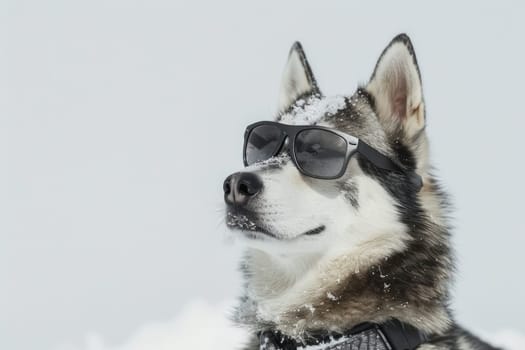 Headshot of a siberian Iditarod husky dog with glasses outdoors in cold hard weather.