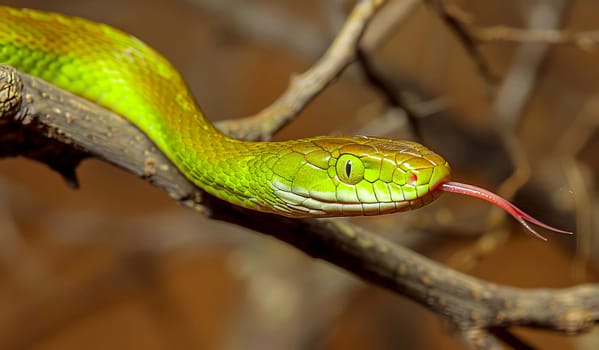 Close-up of a green snake slithering through the branches. Year of the snake. Fauna, reptiles.
