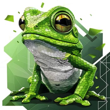 A true frog, a green amphibian organism with big eyes, is perched on a green rectangular background. This terrestrial animal is well adapted to its surroundings