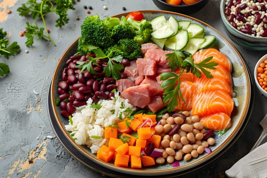 A delicious dish featuring salmon, beans, rice, and vegetables beautifully arranged on a plate atop a table