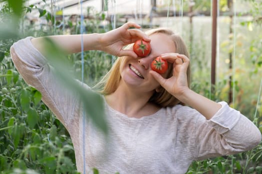 Portrait of blonde woman harvesting red ripe organic tomatoes in greenhouse and having fun. Healthy homegrown food concept. Cottagecore countryside life