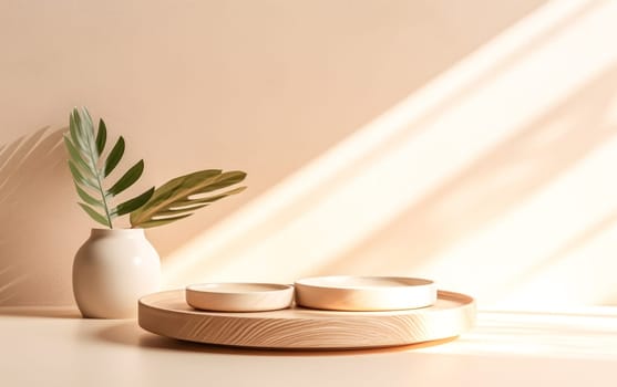 A white table with a wooden tray and three plates on it, creating a minimalist and stylish dining setup.