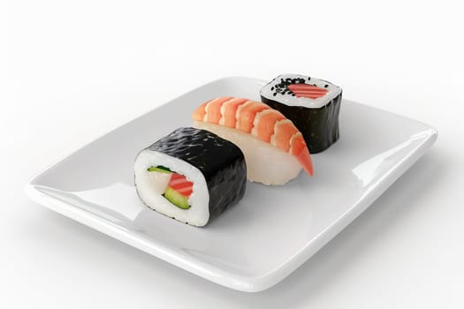 Several pieces of sushi on a white Japanese plate on a white background. Japanese food.