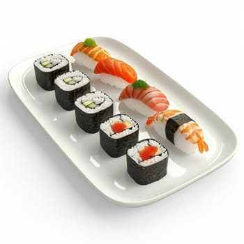 Several pieces of sushi on a white Japanese plate on a white background. Japanese food.