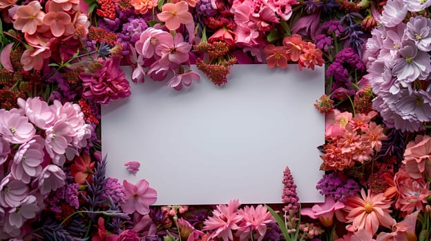 A white card is nestled among a bed of vibrant pink and purple flowers, creating a beautiful contrast of colors and textures in the garden