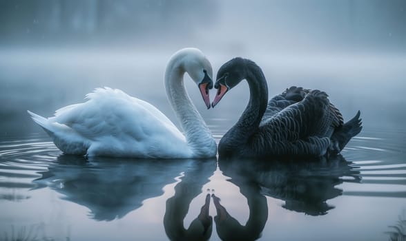 Two swans are swimming in a lake, with the sun reflecting off the water. The scene is peaceful and serene, with the swans appearing to be in a loving embrace