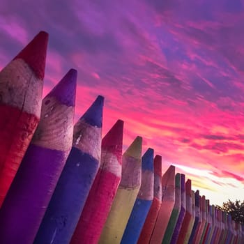 A beautiful image of a school wall in coloured pencils against a blushing evening sky, High quality photo