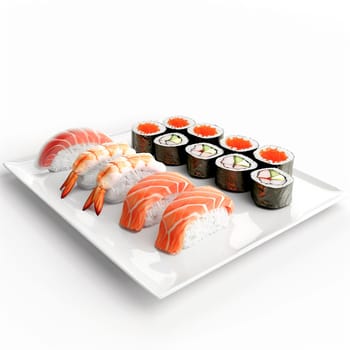 Several pieces of sushi on a white Japanese plate on a white background. Japanese food.