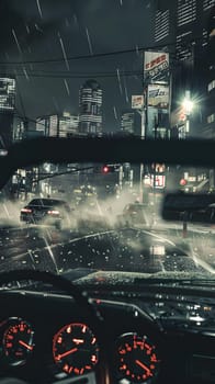 A motor vehicle is driving down a city street at night in the rain, illuminating the wet asphalt with its automotive lighting amidst the buildings