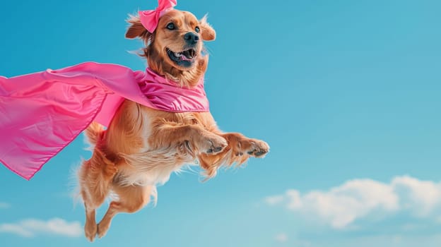 A dog is flying through the air with a pink cape on. The dog is wearing a pink crown and he is having fun