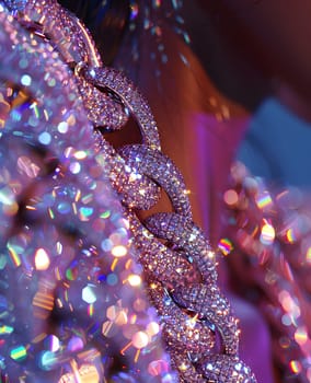 A close up of a woman wearing a shimmering purple chain necklace made of liquid violet with a touch of electric blue and magenta, resembling a terrestrial plant ornament