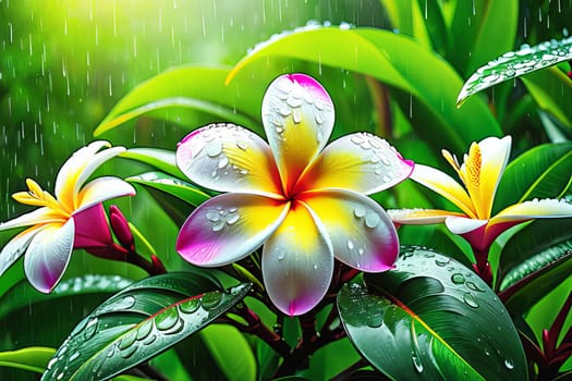 Plumeria flowers with rain drops in a lush tropical garden setting. Perfect for use in advertising, web design, backgrounds, or greeting cards to add a touch of natural beauty and tranquility.