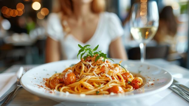A plate of spaghetti with a glass of wine on a table. The atmosphere is casual and relaxed, with a few people in the background