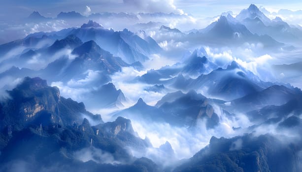 A natural landscape of a mountain range shrouded in fluffy cumulus clouds, contrasting against the electric blue sky. Snowcapped peaks create a picturesque horizon