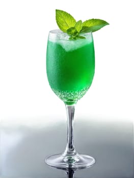 Emerald Island Bright green liqueur in a delicate wine glass adorned with a sprig. Drink isolated on transparent background.