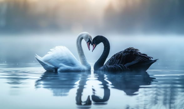Two swans are swimming in a lake, with the sun reflecting off the water. The scene is peaceful and serene, with the swans appearing to be in a loving embrace