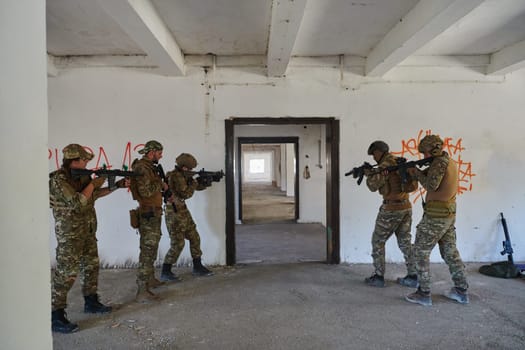 A group of professional soldiers bravely executes a dangerous rescue mission, surrounded by fire in a perilous building