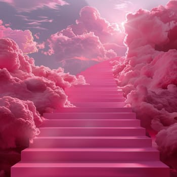 A pink sky with a staircase in the clouds. The image has a dreamy and whimsical mood, as if the viewer is looking up at a magical world