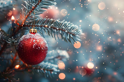 A festive holiday ornament in the form of a red Christmas ball is suspended from a branch of a Christmas tree, adding to the overall decorations of the evergreen plant