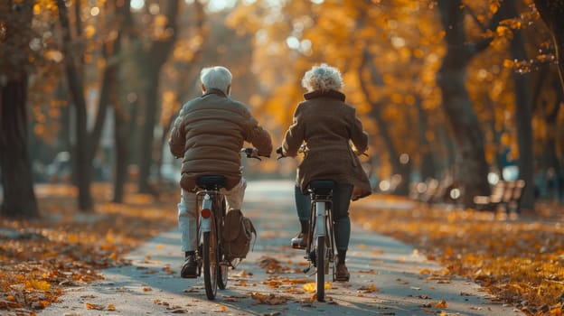 Two fun-loving seniors bike together in the fall to stay fit and healthy. Active elderly couple on bicycles.