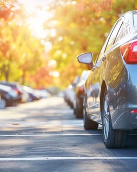 A scenic autumn landscape with vibrant foliage and parked cars lining the street, creating a serene and tranquil atmosphere