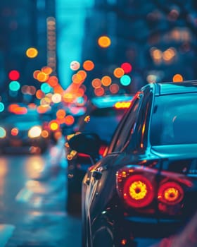 Description: Close-up of a car rear lights with blurred city traffic and bokeh lights in the background at dusk