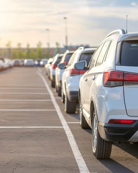 A crowded parking lot filled with various vehicles is illuminated by the warm glow of the setting sun, creating a vibrant and dynamic scene