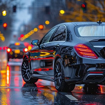 A high-performance sedan navigates the rain-slicked streets of a bustling city, its powerful presence and striking design standing out against the colorful lights and reflections