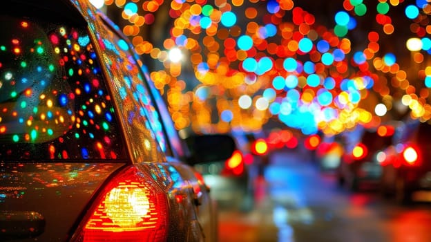 The vibrant, multicolored lights of a holiday display are beautifully reflected on the wet surface of a car, creating a dazzling, festive scene