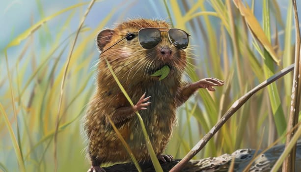 A small brown mouse wearing glasses is swimming in a pool by AI generated image.