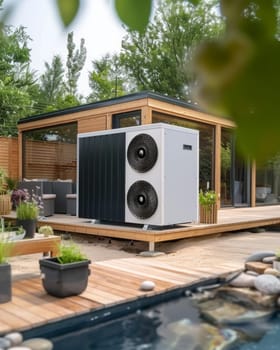 A modern, energy-efficient outdoor living area featuring a high-performance air conditioning unit discreetly integrated into the wooden structure, surrounded by lush greenery for a harmonious