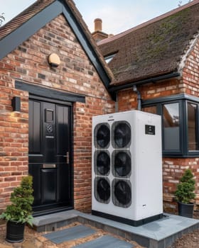 A modern, high-efficiency heat pump system installed on the exterior of a charming brick home, providing comfortable and eco-friendly climate control