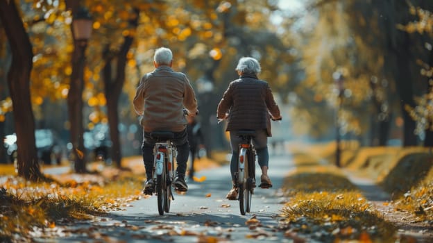 Two fun-loving seniors bike together in the fall to stay fit and healthy. Active elderly couple on bicycles.