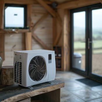 A modern, high-efficiency heat pump system installed on the exterior of a rustic wooden cabin, providing comfortable and sustainable climate control for the serene countryside setting