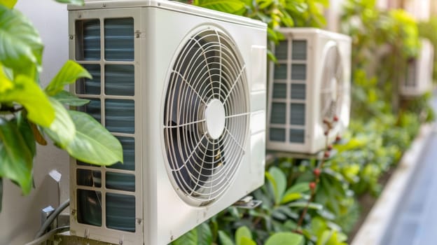 A high-efficiency heat pump system installed on the exterior of a sleek, contemporary wooden cabin, providing comfortable and sustainable climate control for the serene countryside setting