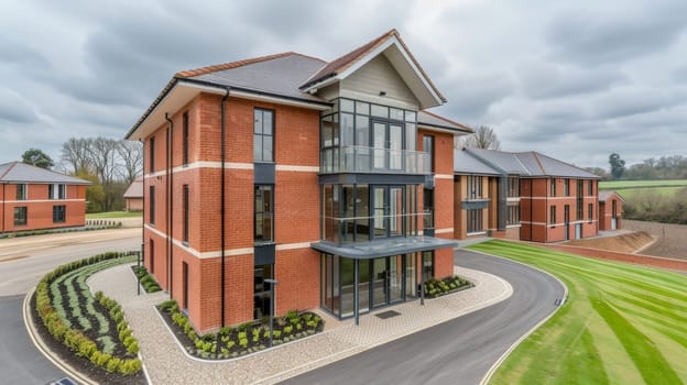 A contemporary multi-unit residential building with a sleek, brick facade surrounded by lush, well-manicured landscaping and a paved driveway leading to the entrance