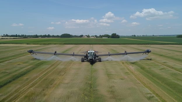 Aerial view of a modern agricultural tractor in a field on a sunny day