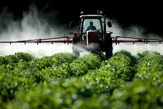 A farmer operating a tractor-mounted sprayer applies organic pesticide to a field of leafy green vegetables, ensuring healthy and sustainable crop growth