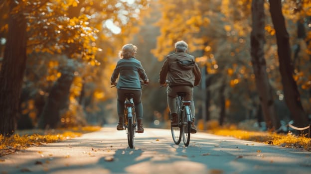 Two fun-loving seniors bike together in the fall to stay fit and healthy. Active elderly couple on bicycles.