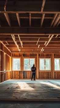 A construction worker in a safety vest and hard hat stands inside an unfinished building, examining the progress of the construction project