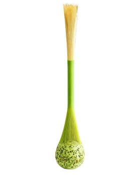 Green tea matcha latte elegant glass cup bamboo whisk vibrant green minimalist style. Drink isolated on transparent background.