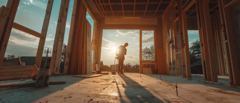 A construction worker in a hard hat stands in a partially built wooden frame, silhouetted against the warm glow of the setting sun, overseeing the progress of the construction project