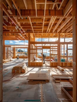 The intricate wooden frame structure of a new home under construction, with beams, joists, and trusses visible against the blue sky background