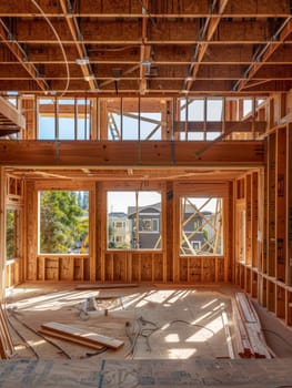 A construction worker in a yellow safety vest examines the wooden frame of a partially completed home, carefully inspecting the ongoing construction work