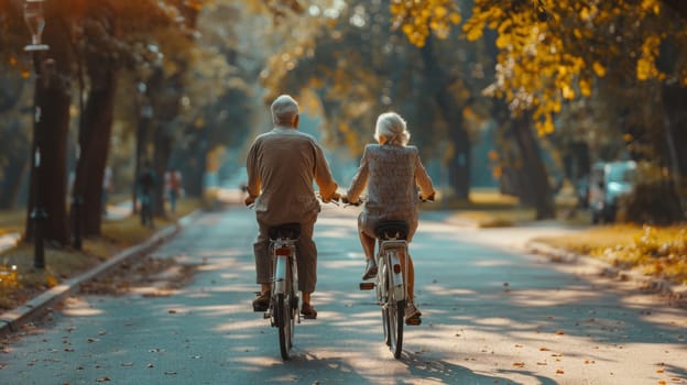 Two fun-loving seniors bike together in the fall to stay fit and healthy. Active elderly couple on bicycles.